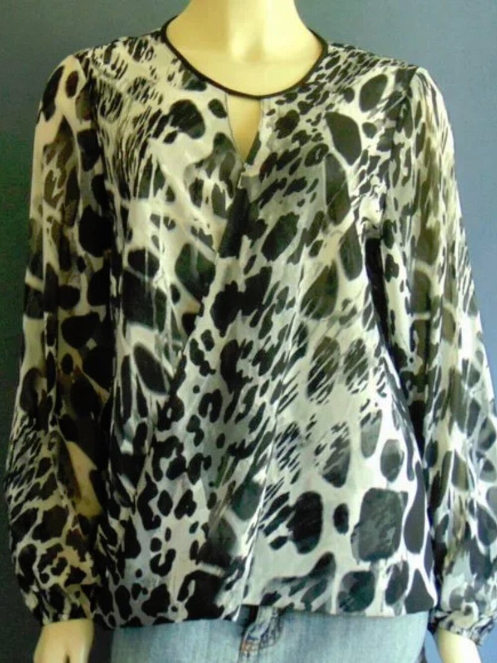 St. John Silk Black Gray Animal Print Faux Wrap Top 8